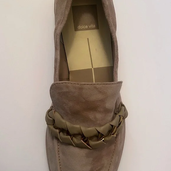 Beige Loafers with Gold Chain Accent - Picture 6 of 9